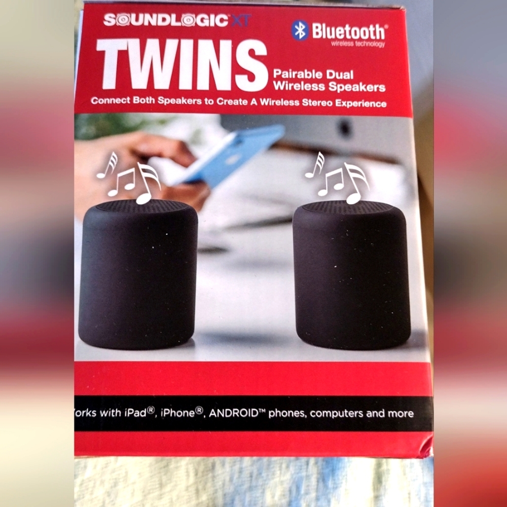 NEW SOUNDLOGIC Twin Wireless Speakers 3"x3.5" Bluetooth Ready